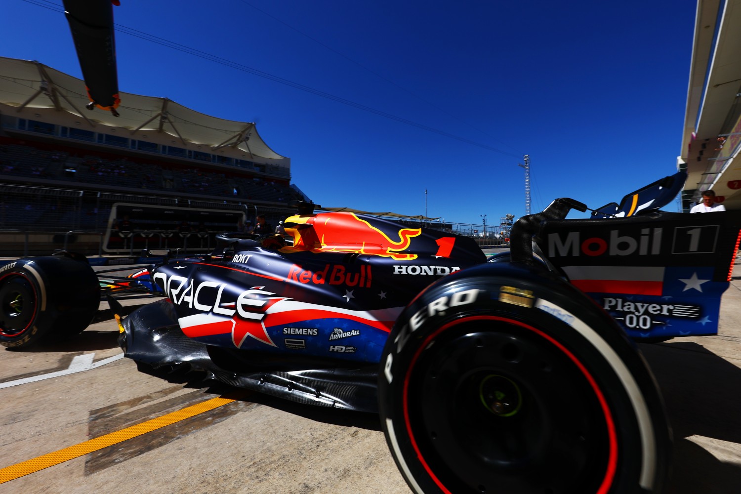 Max Verstappen of the Netherlands driving the (1) Oracle Red Bull Racing RB19 leaves the garage during practice ahead of the F1 Grand Prix of United States at Circuit of The Americas on October 20, 2023 in Austin, Texas. (Photo by Mark Thompson/Getty Images)