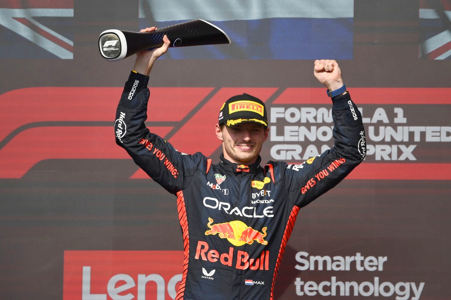 Race winner Max Verstappen of the Netherlands and Oracle Red Bull Racing celebrates on the podium following the F1 Grand Prix of United States at Circuit of The Americas on October 22, 2023 in Austin, Texas. (Photo by Rudy Carezzevoli/Getty Images)
