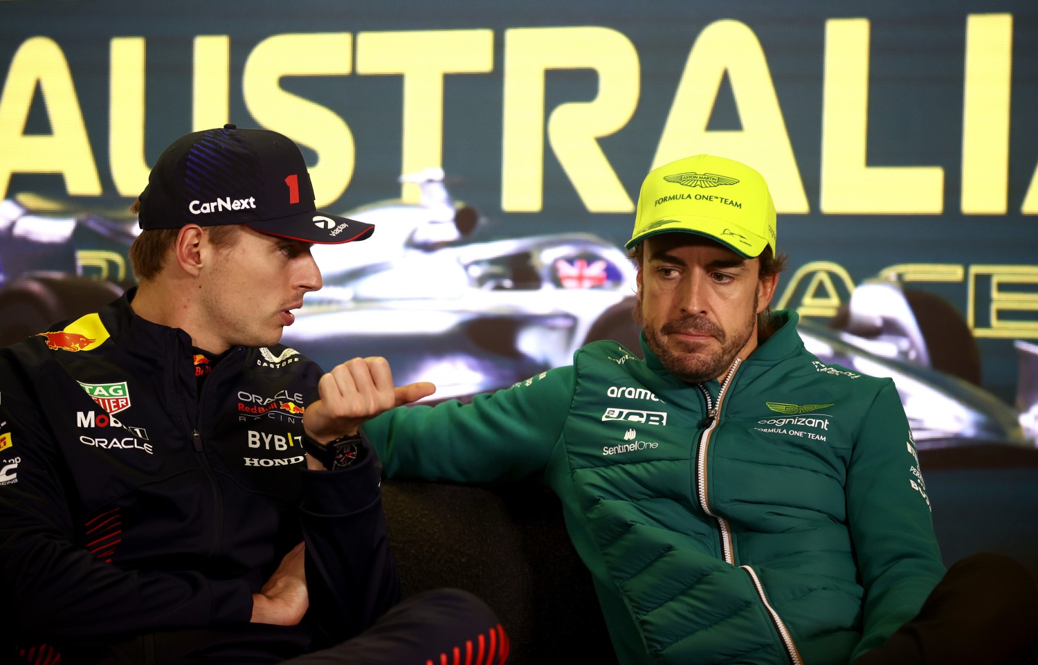 Race winner Max Verstappen of the Netherlands and Oracle Red Bull Racing and Third placed Fernando Alonso of Spain and Aston Martin F1 Team attend the press conference after during the F1 Grand Prix of Australia at Albert Park Grand Prix Circuit on April 02, 2023 in Melbourne, Australia. (Photo by Robert Cianflone/Getty Images) // Getty Images / Red Bull Content Pool