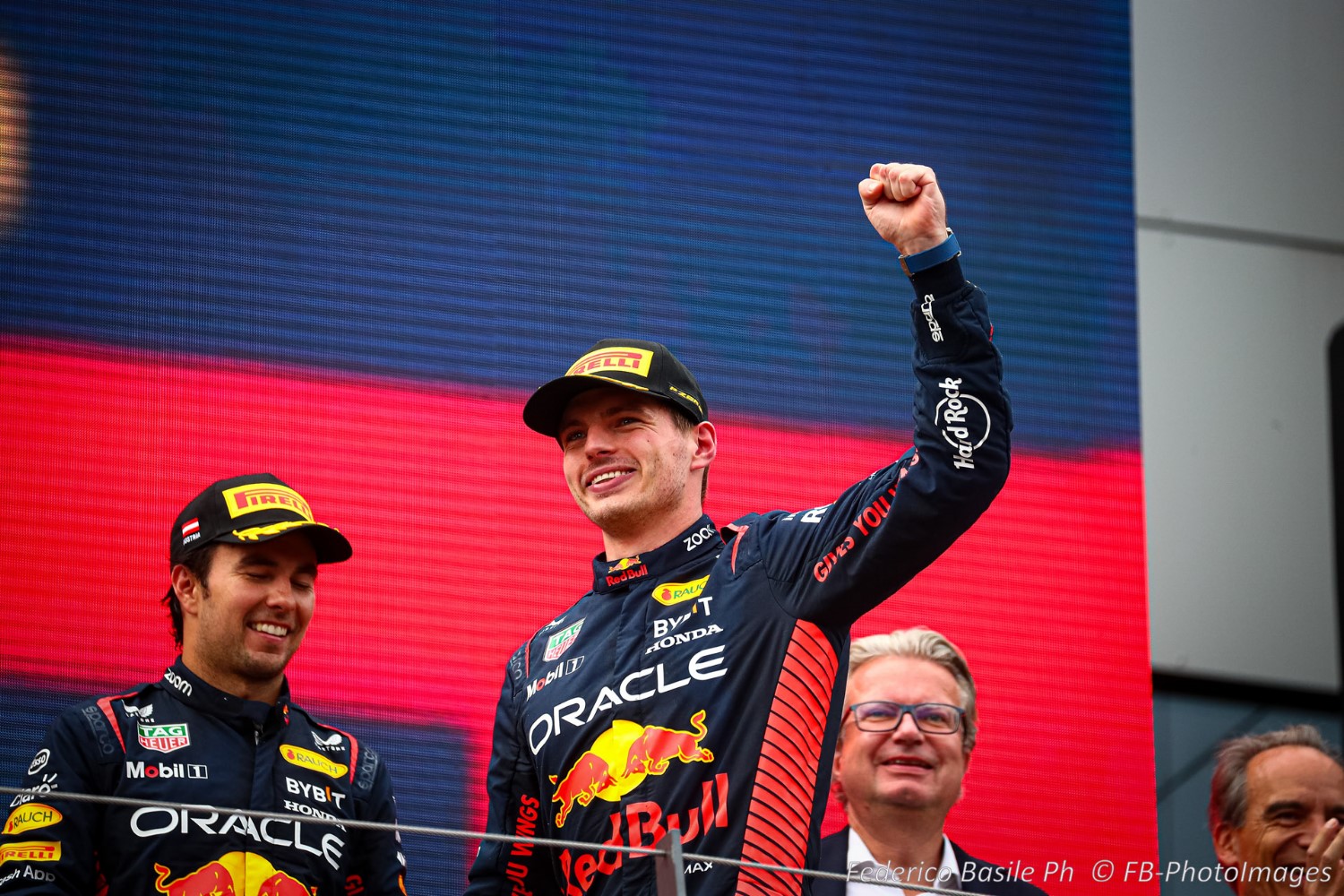 #1 Max Verstappen (NED) Red Bull Racing Honda on the podium during the Austrian GP, Spielberg 29 June-2 July 2023 at the RedBull Ring, Formula 1 World championship 2023.