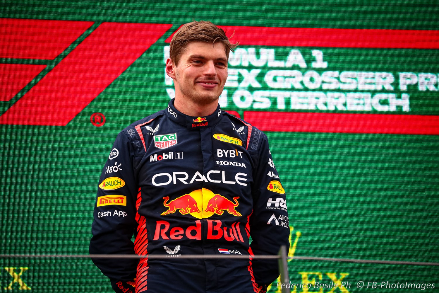 #1 Max Verstappen (NED) Red Bull Racing Honda on the podium during the Austrian GP, Spielberg 29 June-2 July 2023 at the Red Bull Ring, Formula 1 World championship 2023.