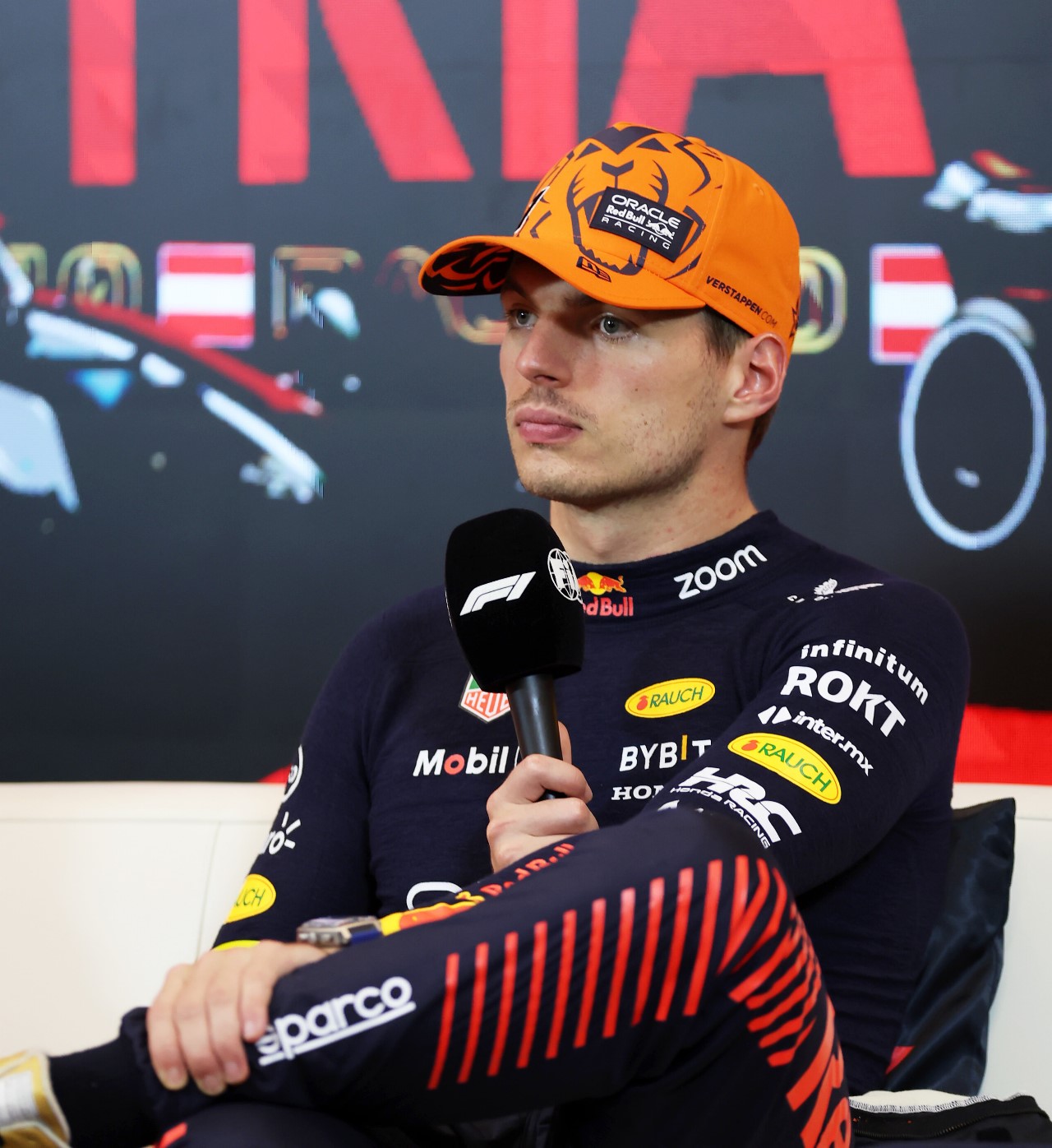 Race winner Max Verstappen of the Netherlands and Oracle Red Bull Racing attends the press conference after the F1 Grand Prix of Austria at Red Bull Ring on July 02, 2023 in Spielberg, Austria. (Photo by Lars Baron/Getty Images) // Getty Images / Red Bull Content Pool