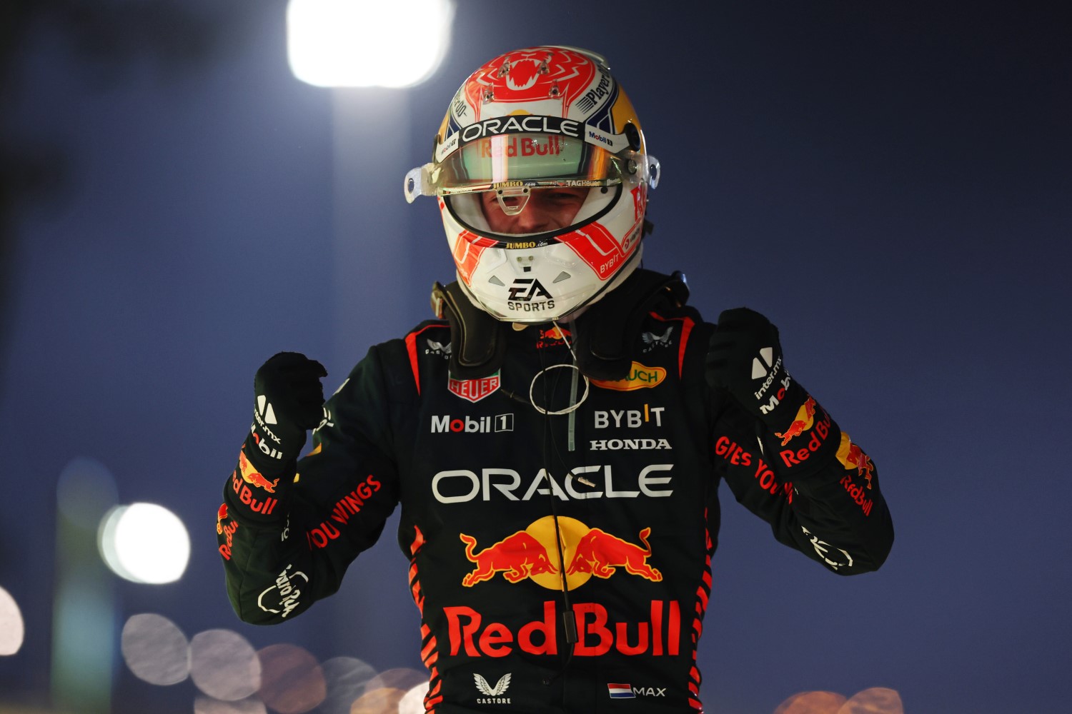 2023 Race winner Max Verstappen of the Netherlands and Oracle Red Bull Racing celebrates in parc ferme during the F1 Grand Prix of Bahrain at Bahrain International Circuit on March 05, 2023 in Bahrain, Bahrain. (Photo by Lars Baron/Getty Images) // Getty Images / Red Bull Content Pool