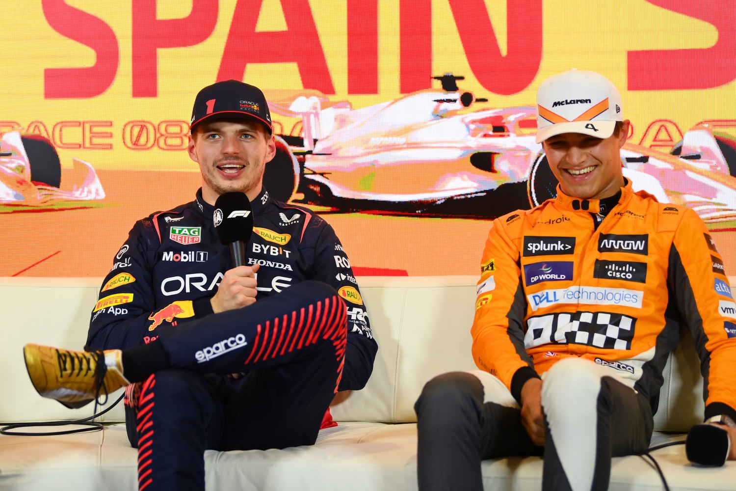 Pole position qualifier Max Verstappen of the Netherlands and Oracle Red Bull Racing and Third placed qualifier Lando Norris of Great Britain and McLaren attend the press conference after qualifying ahead of the F1 Grand Prix of Spain at Circuit de Barcelona-Catalunya on June 03, 2023 in Barcelona, Spain. (Photo by Dan Mullan/Getty Images) // Getty Images / Red Bull Content Pool