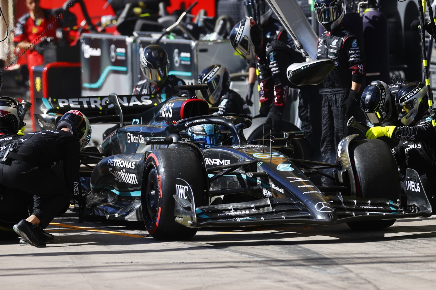 George Russell, Mercedes F1 W14, in the pits during the Brazilian GP at Autódromo José Carlos Pace on Sunday November 05, 2023 in Sao Paulo, Brazil. (Photo by Andy Hone / LAT Images)