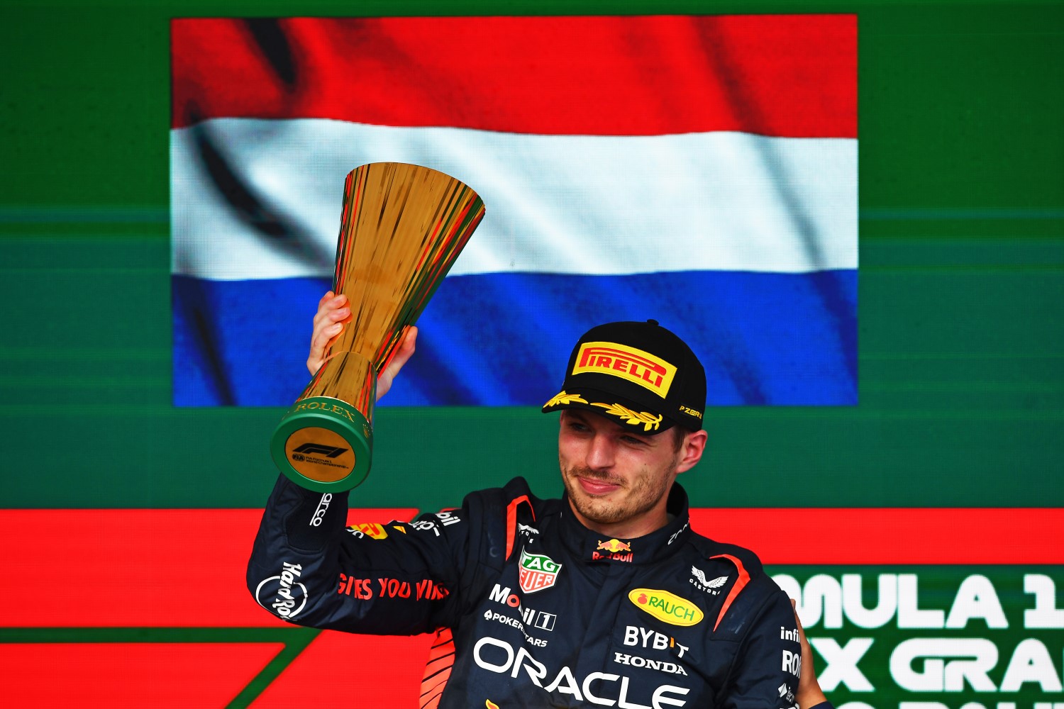 Race winner Max Verstappen of the Netherlands and Oracle Red Bull Racing celebrates on the podium during the F1 Grand Prix of Brazil at Autodromo Jose Carlos Pace on November 05, 2023 in Sao Paulo, Brazil. (Photo by Rudy Carezzevoli/Getty Images) // Getty Images / Red Bull Content Pool