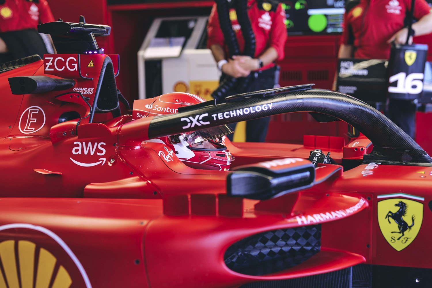 Charles Leclerc in the garage at Silverstone