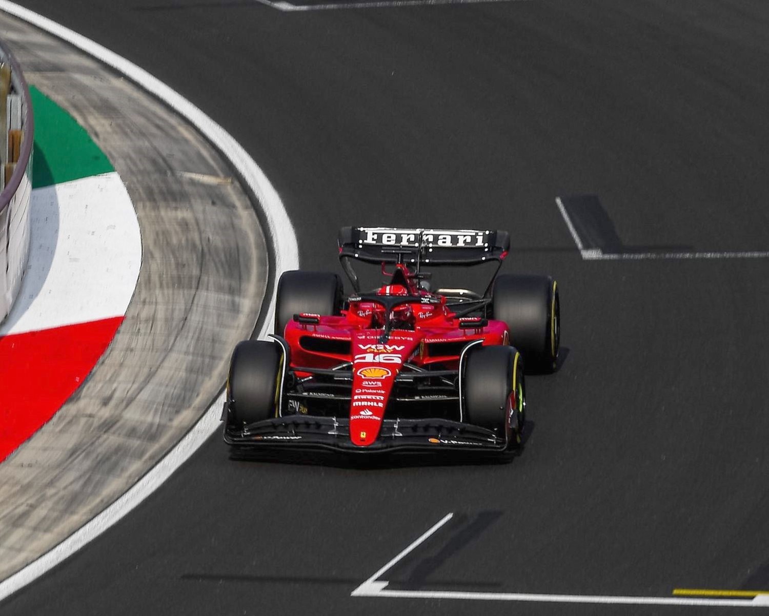 #16 Ferrari of Charles Leclerc in practice for the 2023 Hungarian GP.