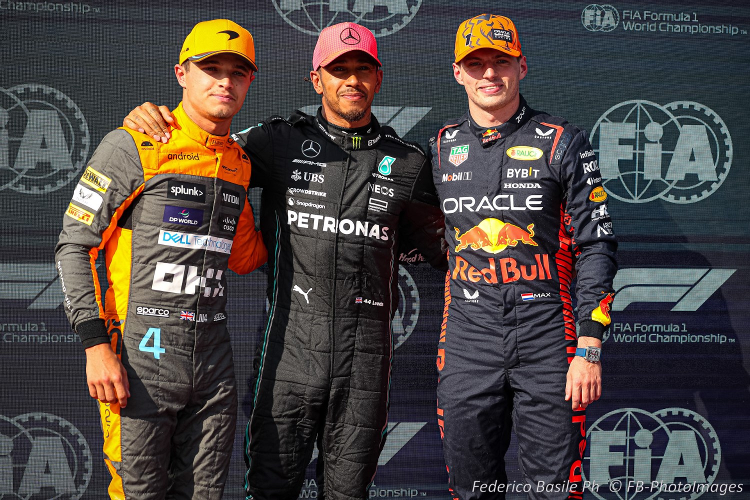Celebration photo qualify, Lewis Hamilton, Max Verstappen, Lando Norris during the Hungarian GP, Budapest 20-23 July 2023 at the Hungaroring, Formula 1 World championship 2023.