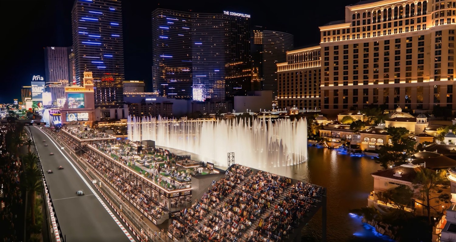 A concept of how the 2023 F1 Las Vegas GP grandstands and suites will look like in front of the Bellagio (Image via mgmresorts.com)