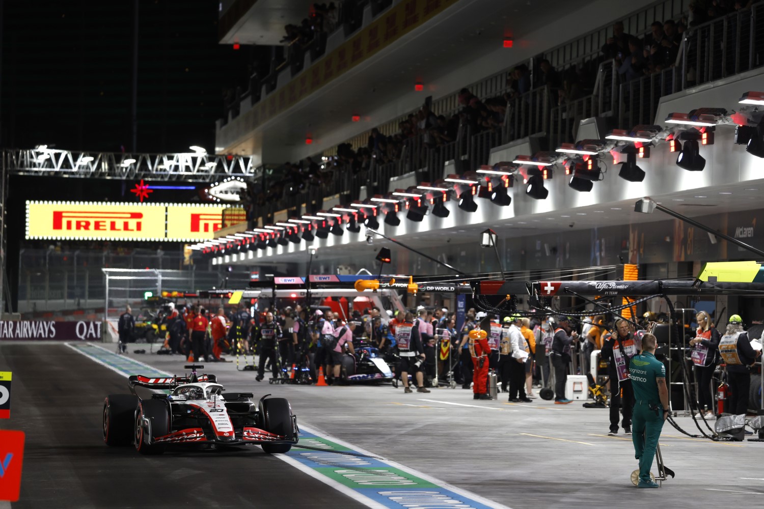 Kevin Magnussen, Haas VF-23, in the pit lane during the Las Vegas GP at Streets of Las Vegas on Friday November 17, 2023, United States of America. (Photo by Glenn Dunbar / LAT Images)