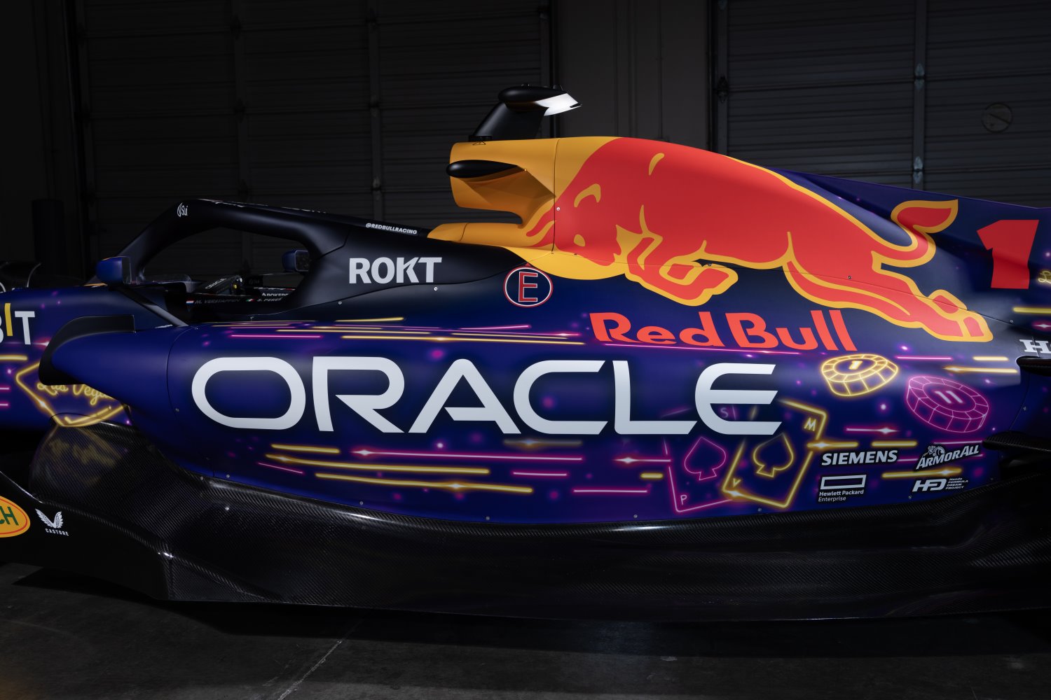 Oracle Red Bull Racing RB19 is pictured at the Red Bull Racing Make Your Mark Las Vegas Livery Reveal during previews ahead of the F1 Grand Prix of Las Vegas at Las Vegas Strip Circuit on November 14, 2023 in Las Vegas, Nevada. (Photo by Jared C. Tilton/Getty Images) // Getty Images / Red Bull Content Pool
