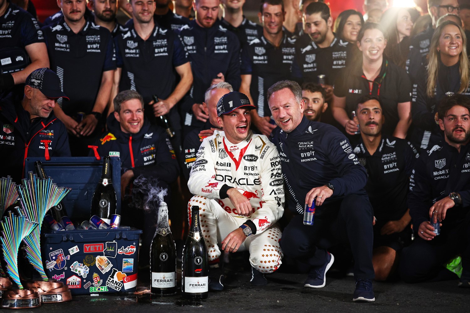 Race winner Max Verstappen of the Netherlands and Oracle Red Bull Racing talks with Red Bull Racing Team Principal Christian Horner in the Paddock after the F1 Grand Prix of Las Vegas at Las Vegas Strip Circuit on November 18, 2023 in Las Vegas, Nevada. (Photo by Jared C. Tilton/Getty Images) // Getty Images / Red Bull Content Pool