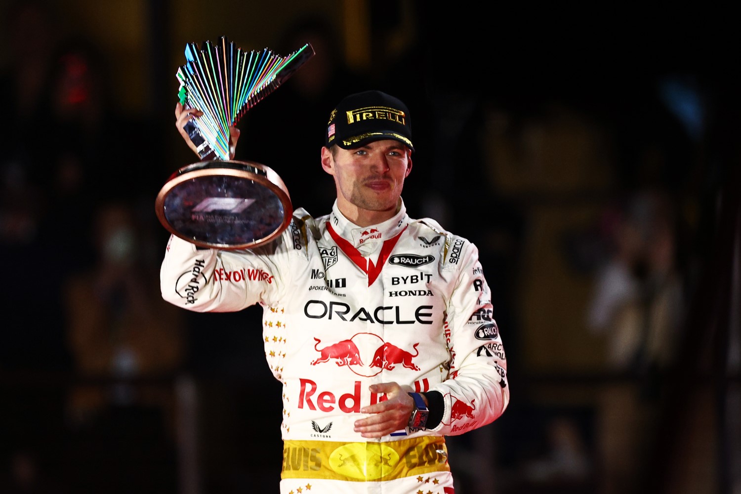 Race winner Max Verstappen of the Netherlands and Oracle Red Bull Racing celebrates on the podium during the F1 Grand Prix of Las Vegas at Las Vegas Strip Circuit on November 18, 2023 in Las Vegas, Nevada. (Photo by Jared C. Tilton/Getty Images) // Getty Images / Red Bull Content Pool