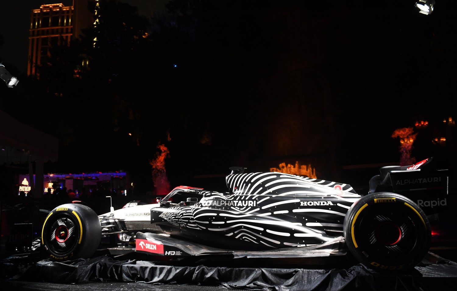 A general view of the Scuderia AlphaTauri AT04 at the Scuderia AlphaTauri Las Vegas livery reveal during previews ahead of the F1 Grand Prix of Las Vegas at Las Vegas Strip Circuit on November 15, 2023 in Las Vegas, Nevada. (Photo by Rudy Carezzevoli/Getty Images)