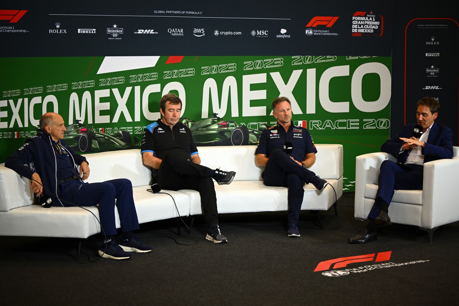 Scuderia AlphaTauri Team Principal Franz Tost, Bruno Famin, Interim Team Principal of Alpine F1 and Red Bull Racing Team Principal Christian Horner attend the Team Principals Press Conference during practice ahead of the F1 Grand Prix of Mexico at Autodromo Hermanos Rodriguez on October 27, 2023 in Mexico City, Mexico. (Photo by Clive Mason/Getty Images)