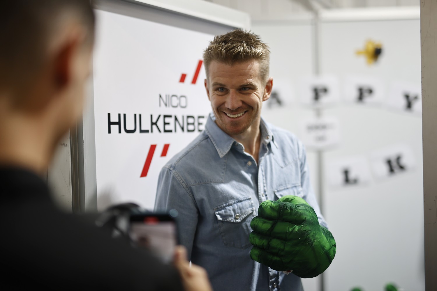The Haas F1 team celebrate Nico Hulkenberg, Haas F1 Team's 200th race by filling his room with Incredible Hulk gloves during the Mexico City GP at Autodromo Hermanos Rodriguez on Thursday October 26, 2023 in Mexico City, Mexico. (Photo by Andy Hone / LAT Images)