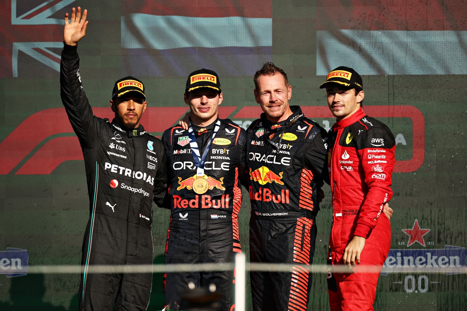 Race winner Max Verstappen of the Netherlands and Oracle Red Bull Racing, Second placed Lewis Hamilton of Great Britain and Mercedes, Third placed Charles Leclerc of Monaco and Ferrari and Richard Wolverson of Red Bull Racing celebrate on the podium after the F1 Grand Prix of Mexico at Autodromo Hermanos Rodriguez on October 29, 2023 in Mexico City, Mexico. (Photo by Jared C. Tilton/Getty Images) // Getty Images / Red Bull Content Pool