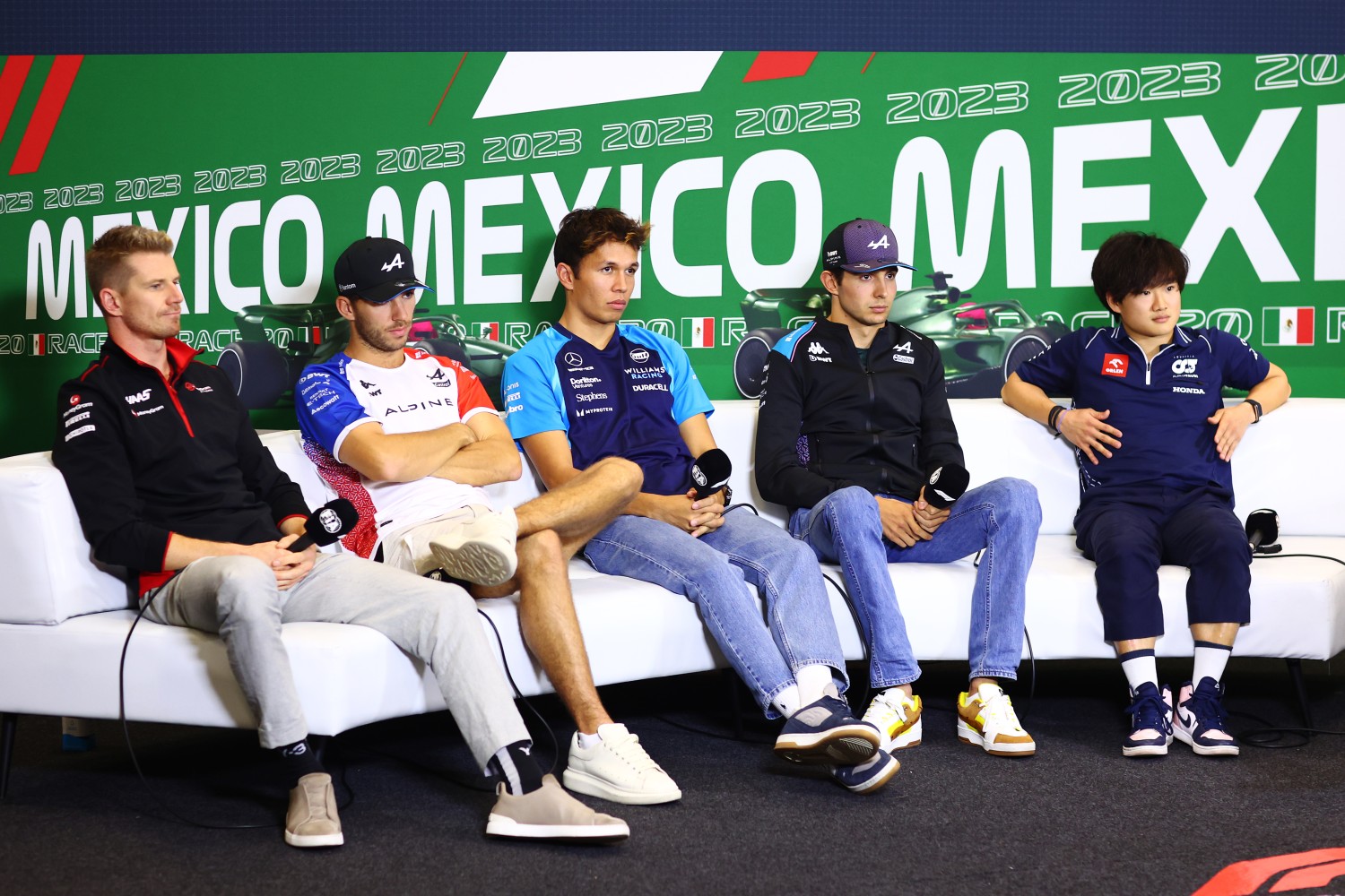 Nico Hulkenberg of Germany and Haas F1, Pierre Gasly of France and Alpine F1, Alexander Albon of Thailand and Williams, Esteban Ocon of France and Alpine F1 and Yuki Tsunoda of Japan and Scuderia AlphaTauri attend the Drivers Press Conference during previews ahead of the F1 Grand Prix of Mexico at Autodromo Hermanos Rodriguez on October 26, 2023 in Mexico City, Mexico. (Photo by Dan Istitene/Getty Images)