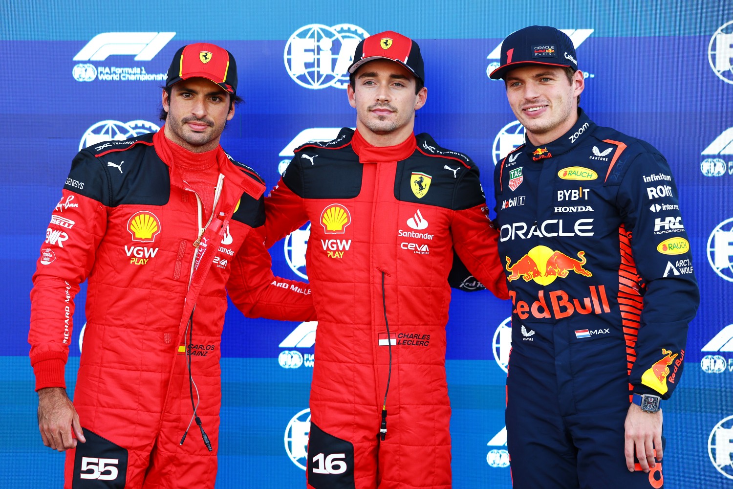 Pole position qualifier Charles Leclerc of Monaco and Ferrari, Second placed qualifier Carlos Sainz of Spain and Ferrari and Third placed qualifier Max Verstappen of the Netherlands and Oracle Red Bull Racing pose for a photo in parc ferme during qualifying ahead of the F1 Grand Prix of Mexico at Autodromo Hermanos Rodriguez on October 28, 2023 in Mexico City, Mexico. (Photo by Mark Thompson/Getty Images)