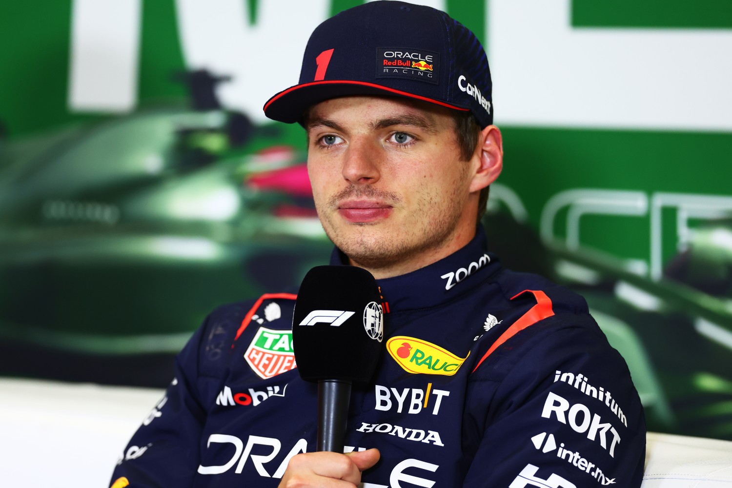 Third placed qualifier Max Verstappen of the Netherlands and Oracle Red Bull Racing talks to the media in a press conference after qualifying ahead of the F1 Grand Prix of Mexico at Autodromo Hermanos Rodriguez on October 28, 2023 in Mexico City, Mexico. (Photo by Dan Istitene/Getty Images)