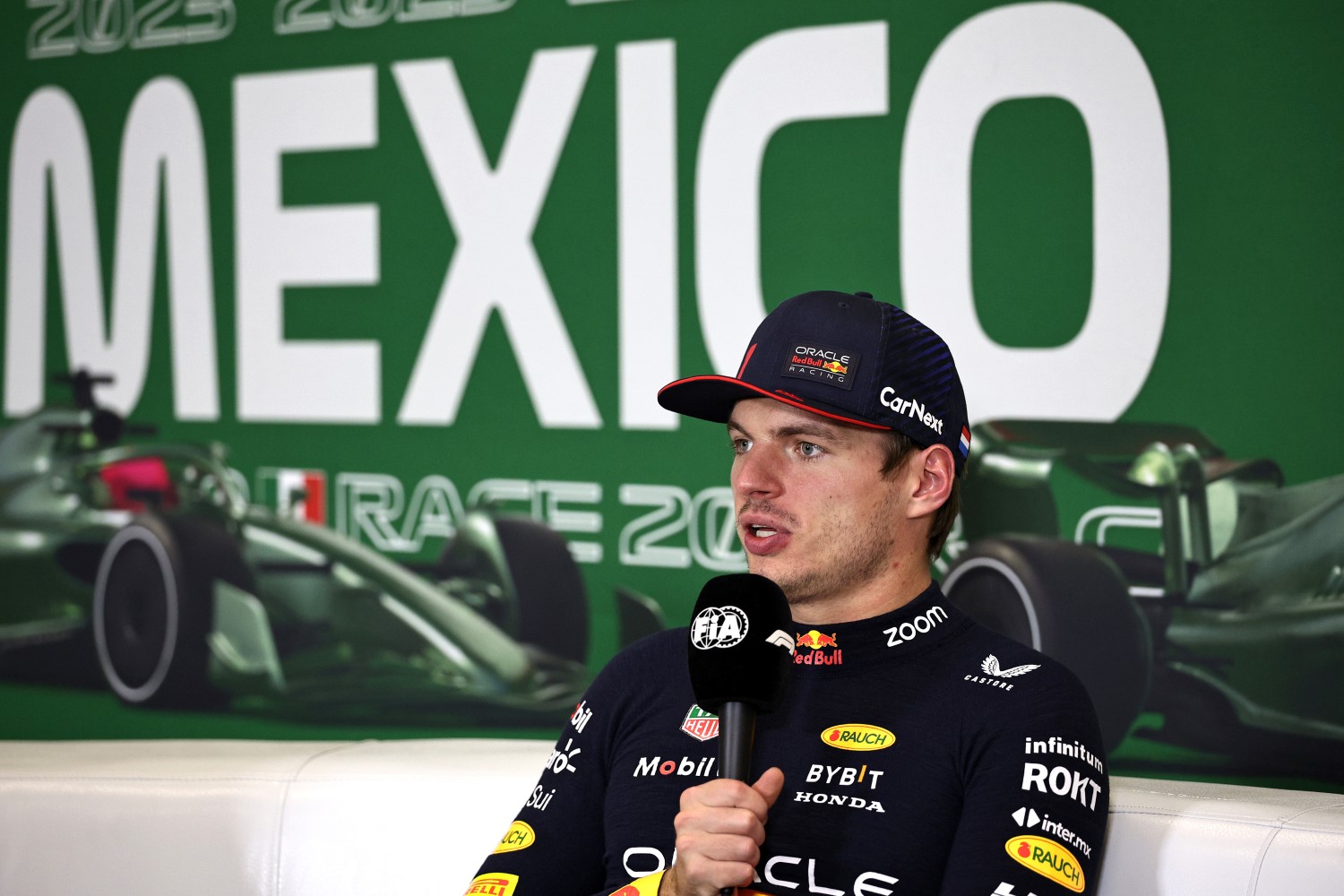 Race winner Max Verstappen of the Netherlands and Oracle Red Bull Racing talks in a press conference after the F1 Grand Prix of Mexico at Autodromo Hermanos Rodriguez on October 29, 2023 in Mexico City, Mexico. (Photo by Jared C. Tilton/Getty Images) // Getty Images / Red Bull Content Pool 