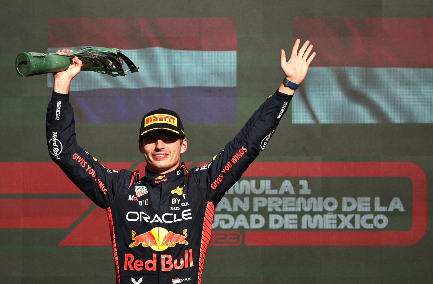 Race winner Max Verstappen of the Netherlands and Oracle Red Bull Racing celebrates on the podium after the F1 Grand Prix of Mexico at Autodromo Hermanos Rodriguez on October 29, 2023 in Mexico City, Mexico. (Photo by Jared C. Tilton/Getty Images) // Getty Images / Red Bull Content Pool