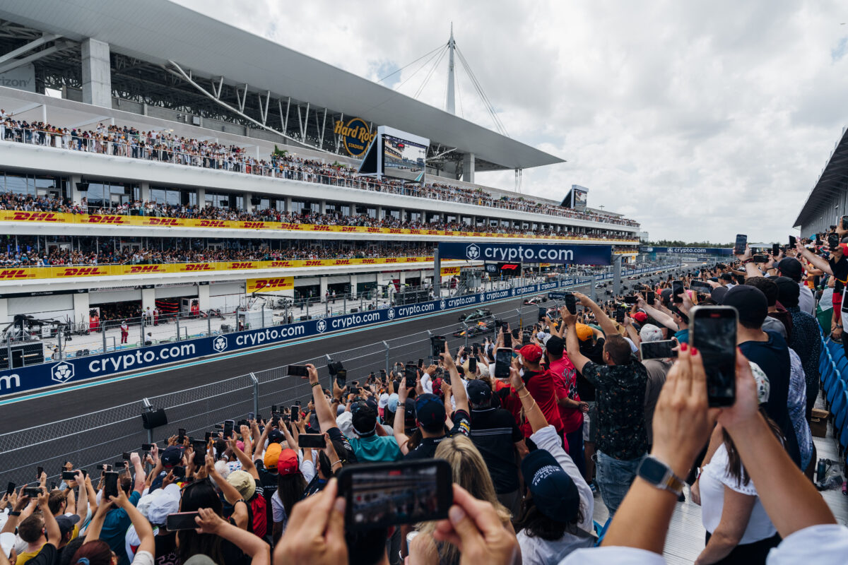 Fans in the Start/Finish Grandstands as the race begins during the F1 Miami Grand Prix on Sunday, May 7, 2023 in Miami Gardens, Fla. (Rankin White/F1 Miami GP)