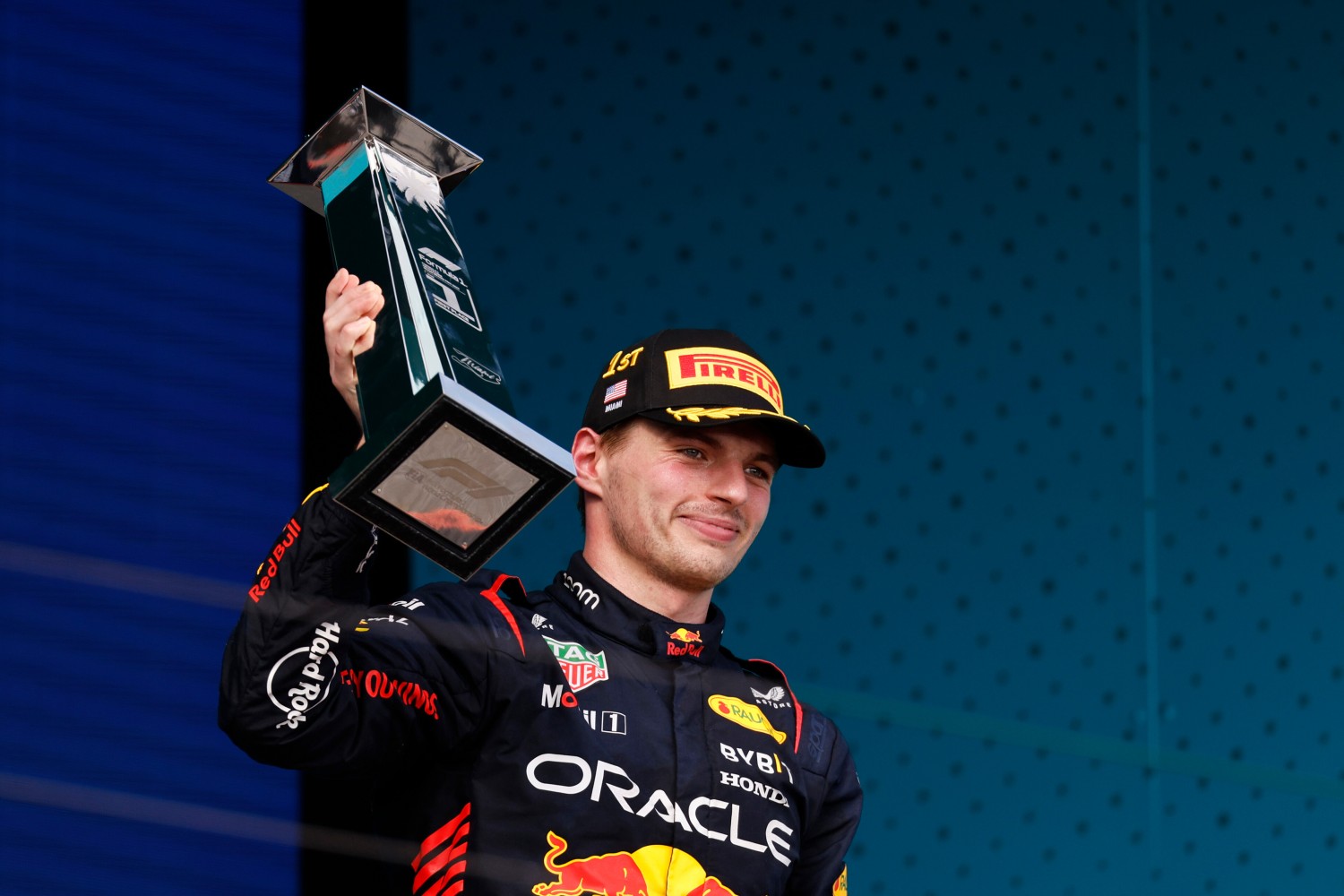 Race winner Max Verstappen of the Netherlands and Oracle Red Bull Racing celebrates on the podium during the F1 Grand Prix of Miami at Miami International Autodrome on May 07, 2023 in Miami, Florida. (Photo by Chris Graythen/Getty Images) // Getty Images / Red Bull Content Pool
