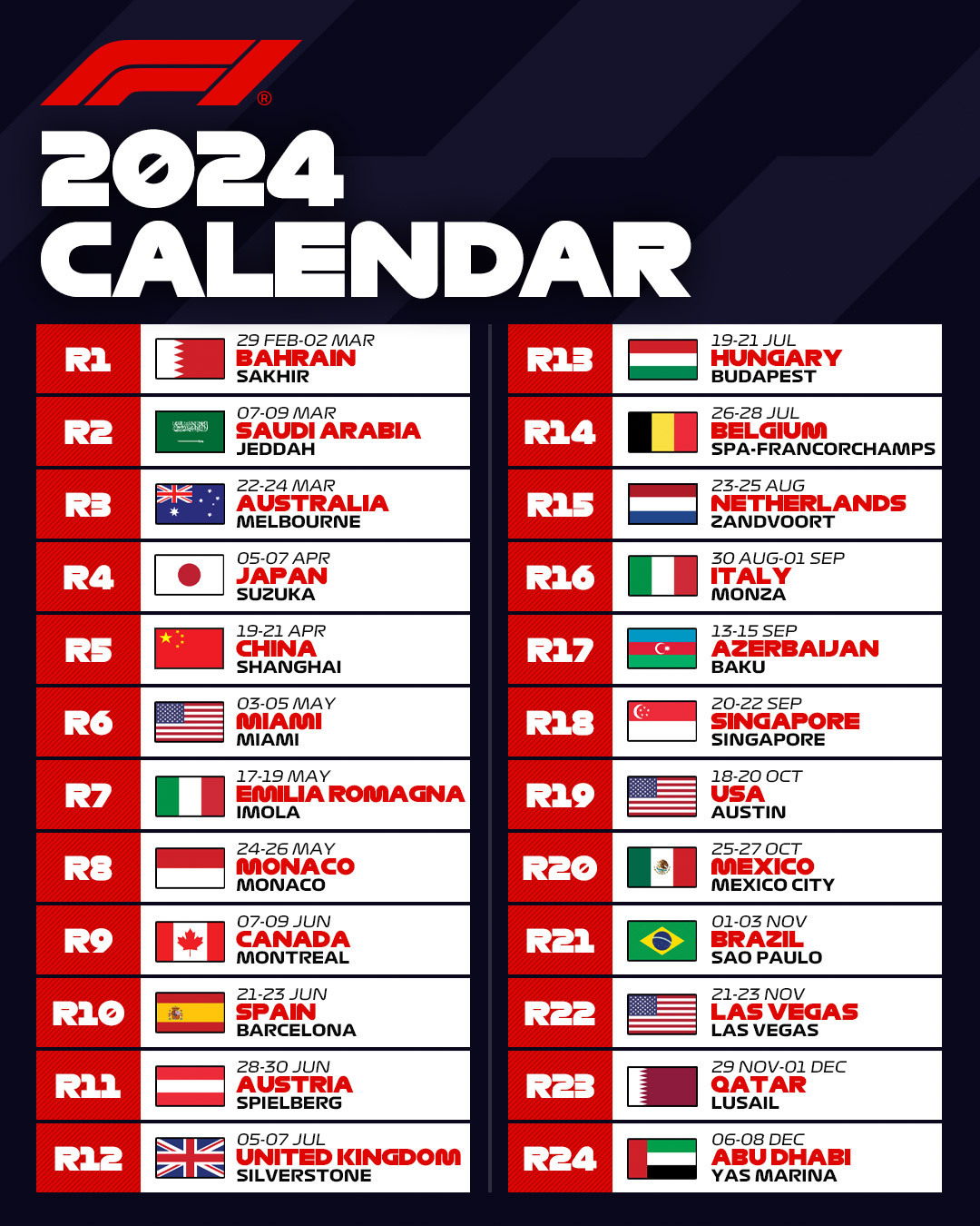 Calendrier F1 2024 / Formule 1 / Programme 2024 / Calendrier de bureau F1  2024 -  France