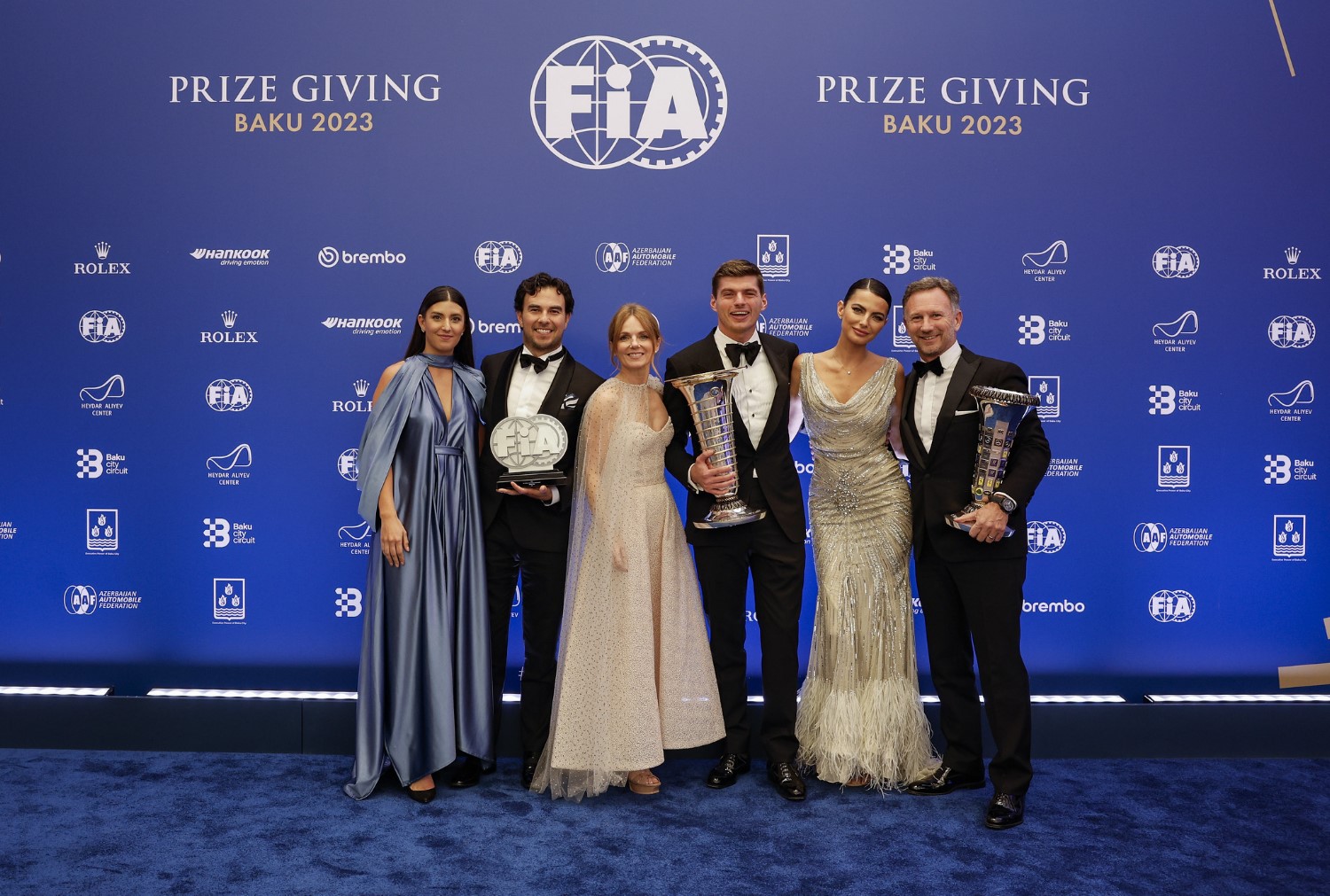 Max VERSTAPPEN, FIA Formula One World Championship - Champion, portrait with PEREZ Sergio, FIA Formula One World Championship - 2nd Place, HORNER Christian, Red Bull Racing, FIA Formula One World Championship - Champion, Geri Halliwell, Kelly Piquet and Carola Martinez during the 2023 FIA Prize Giving Ceremony in Baky on December 8, 2023 at Baku Convention Center in Baku, Azerbaijan - Photo Frédéric Le Floc'h / DPPI