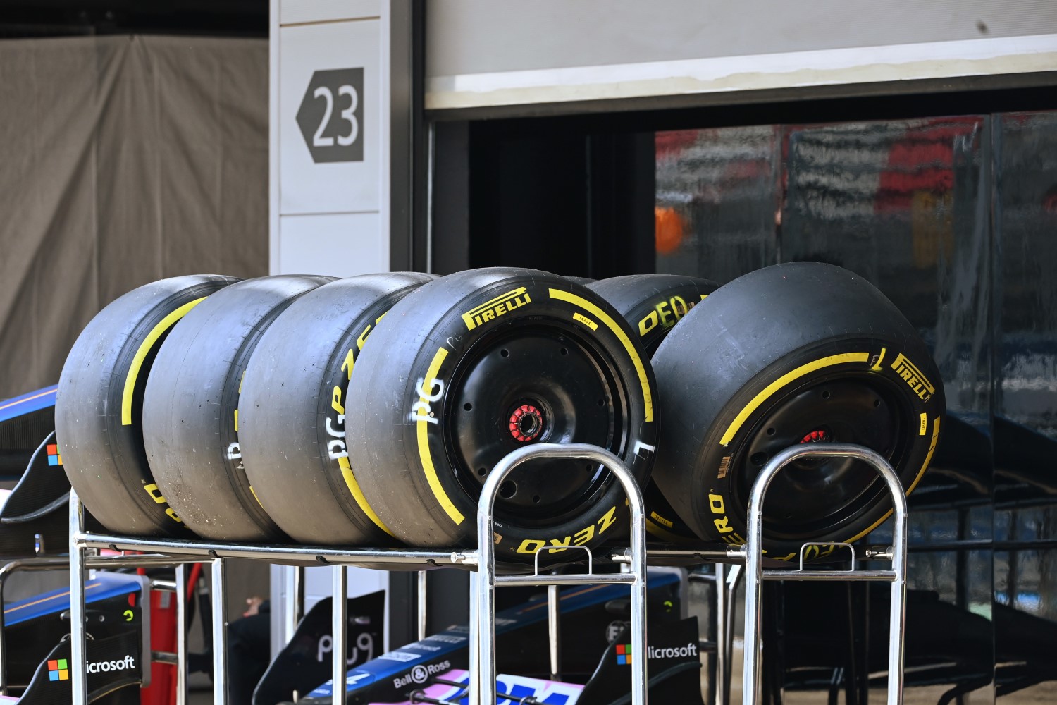 Pirelli tires and wheels outside of the Alpine garage during the Spanish GP at Circuit de Barcelona-Catalunya on Thursday June 01, 2023 in Barcelona, Spain. (Photo by Mark Sutton / LAT Images)