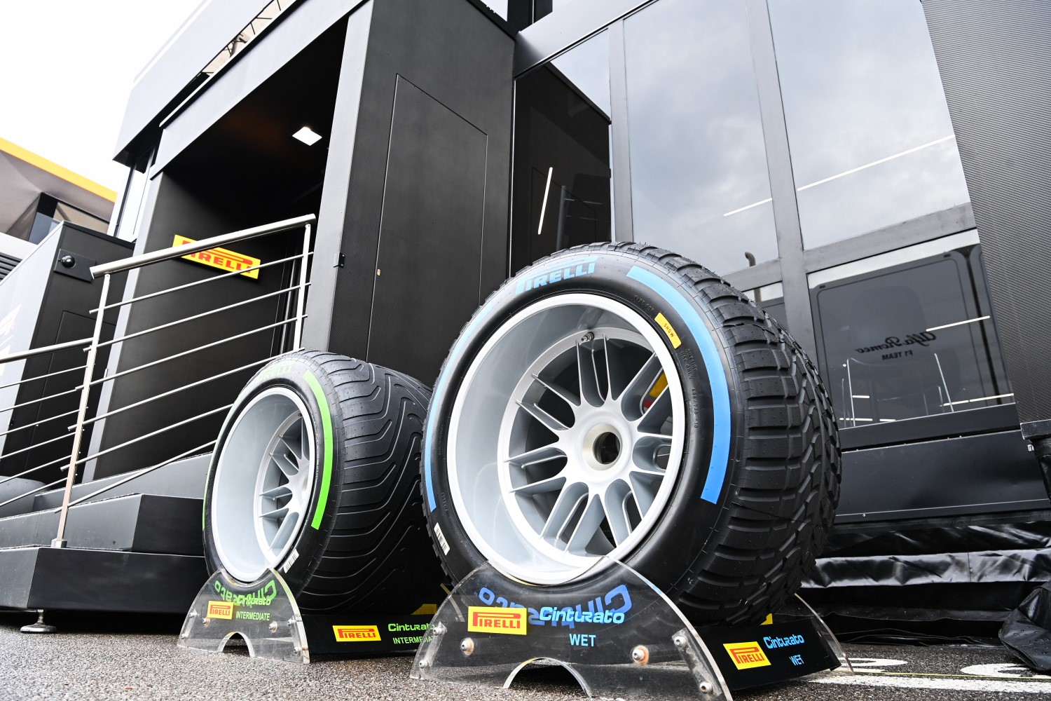 Pirelli Rain Tires outside of the Pirelli motorhome during the Spanish GP  at Circuit de Barcelona-Catalunya on Thursday June 01, 2023 in Barcelona, Spain. (Photo by Mark Sutton / LAT Images)