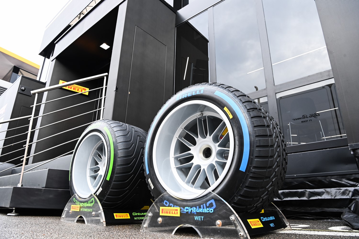 Pirelli Rain Tires outside of the Pirelli motorhome during the Spanish GP at Circuit de Barcelona-Catalunya on Thursday June 01, 2023 in Barcelona, Spain. (Photo by Mark Sutton / LAT Images)