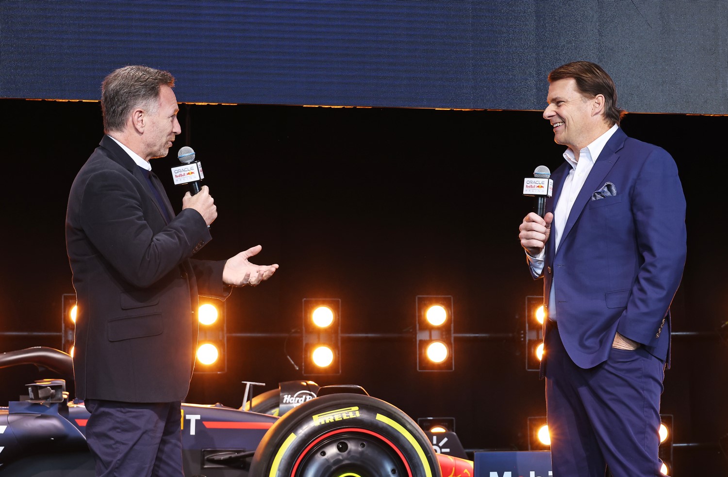 Red Bull Racing Team Principal Christian Horner and Jim Farley, CEO of Ford talk on stage during the Oracle Red Bull Racing Season Launch 2023 at Classic Car Club Manhattan on February 03, 2023 in New York City. (Photo by Mike Coppola/Getty Images for Oracle Red Bull Racing) // FIA / Getty Images / Red Bull Content Pool