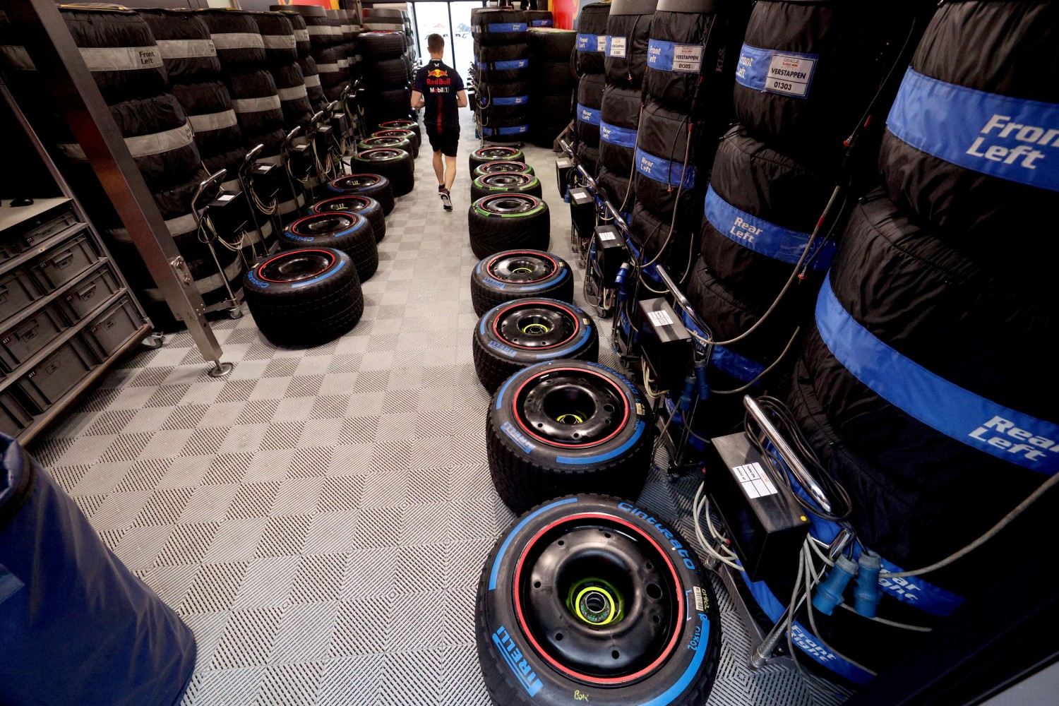 Wet tires are seen in the Red Bull Racing garage during previews ahead of the F1 Grand Prix of The Netherlands at Circuit Zandvoort on August 24, 2023 in Zandvoort, Netherlands. (Photo by Dean Mouhtaropoulos/Getty Images) // Getty Images / Red Bull Content Pool // SI202308240529 // Usage for editorial use only //