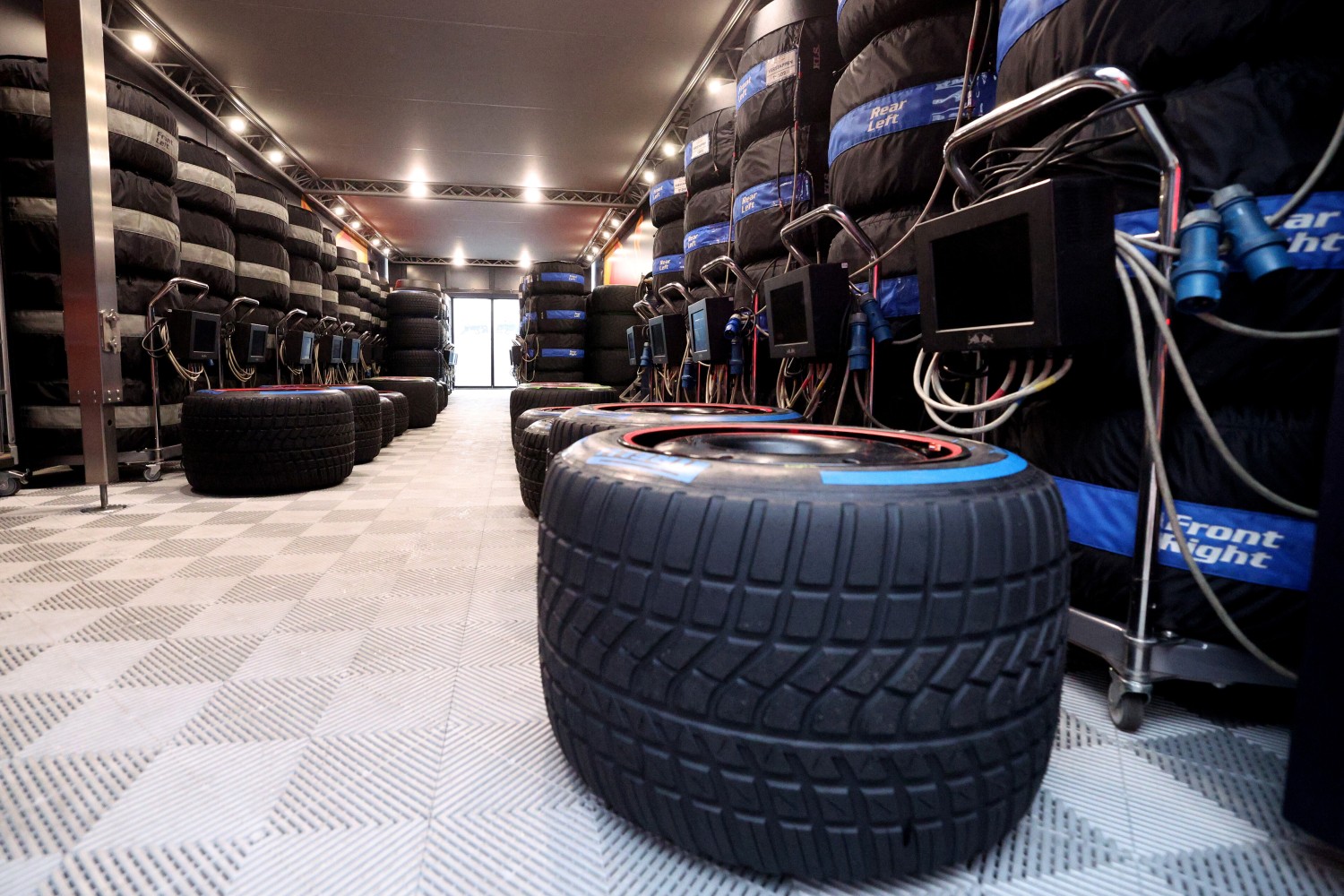 Wet tires are seen in the Red Bull Racing garage during previews ahead of the F1 Grand Prix of The Netherlands at Circuit Zandvoort on August 24, 2023 in Zandvoort, Netherlands. (Photo by Dean Mouhtaropoulos/Getty Images) // Getty Images / Red Bull Content Pool