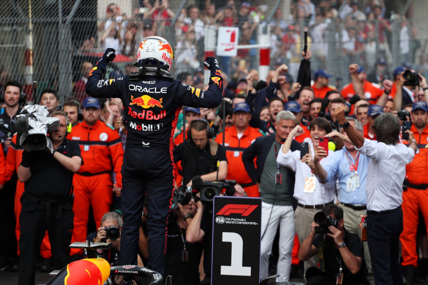 Monaco GP Race winner Max Verstappen of the Netherlands and Oracle Red Bull Racing celebrates in parc ferme during the F1 Grand Prix of Monaco at Circuit de Monaco on May 28, 2023 in Monte-Carlo, Monaco. (Photo by Peter Fox/Getty Images) // Getty Images / Red Bull Content Pool