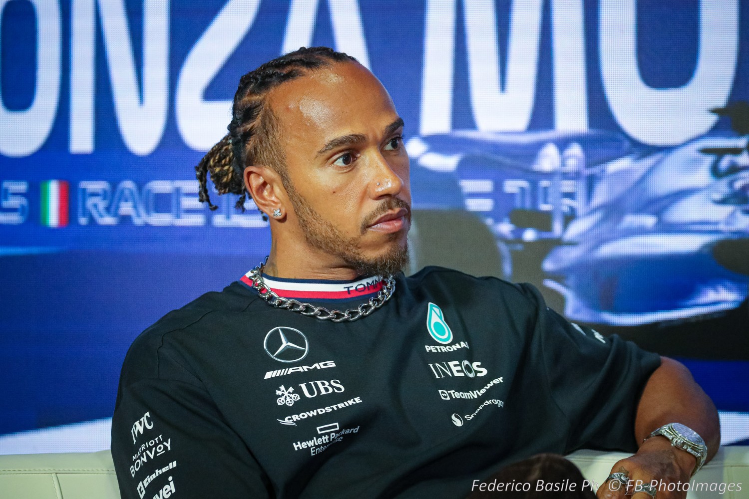 Insecure #44 Lewis Hamilton, (GRB) AMG Mercedes Ineos  during the Italian GP, Monza 31 August-3 September 2023 Formula 1 World championship 2023. His ego is so fragile he has to make himself look better than he really is.