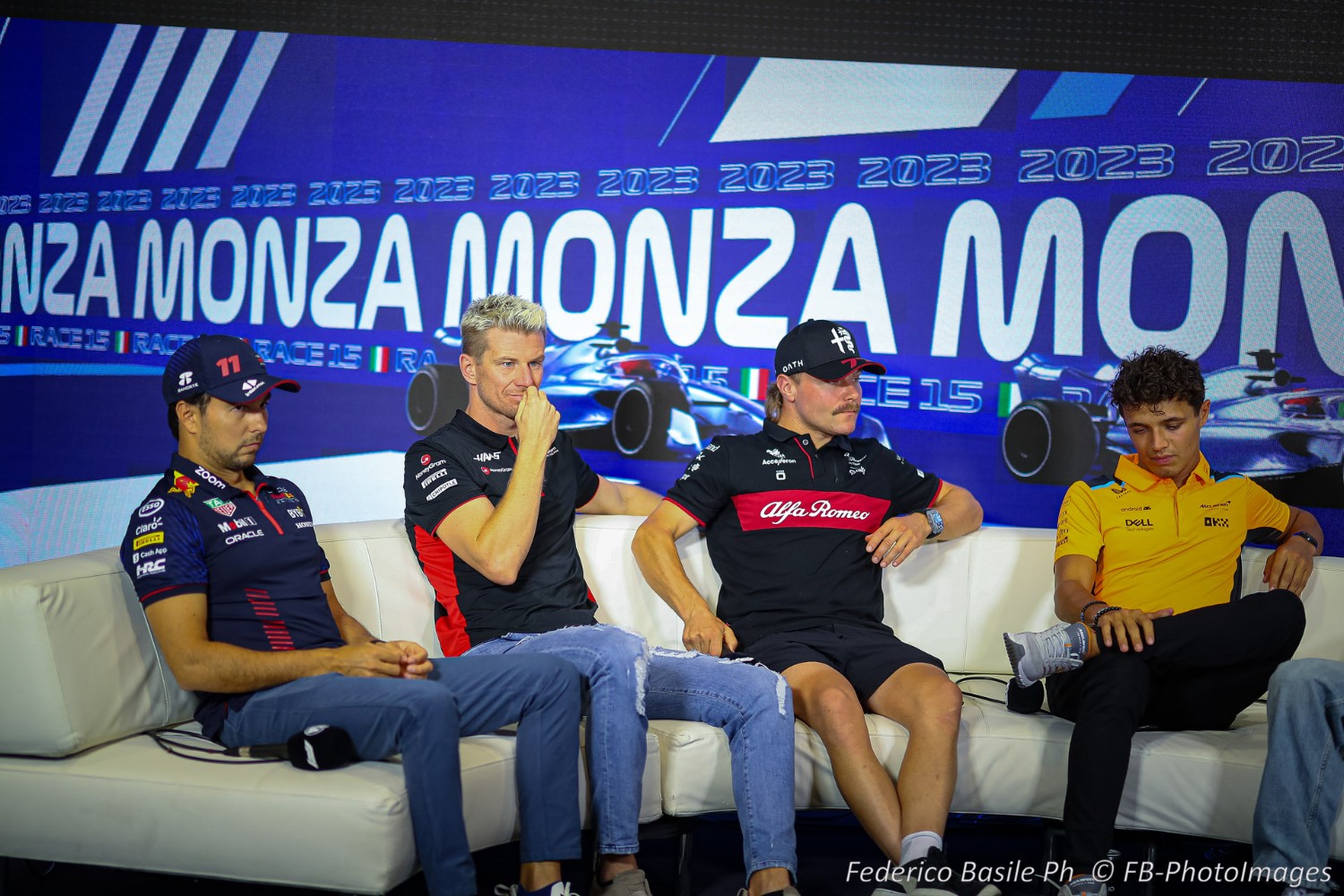 Press conference Sergio Perez; Nico Hulkemberg; Valtteri Bottas; Lando Norris; during the Italian GP, Monza 31 August-3 September 2023 Formula 1 World championship 2023.
