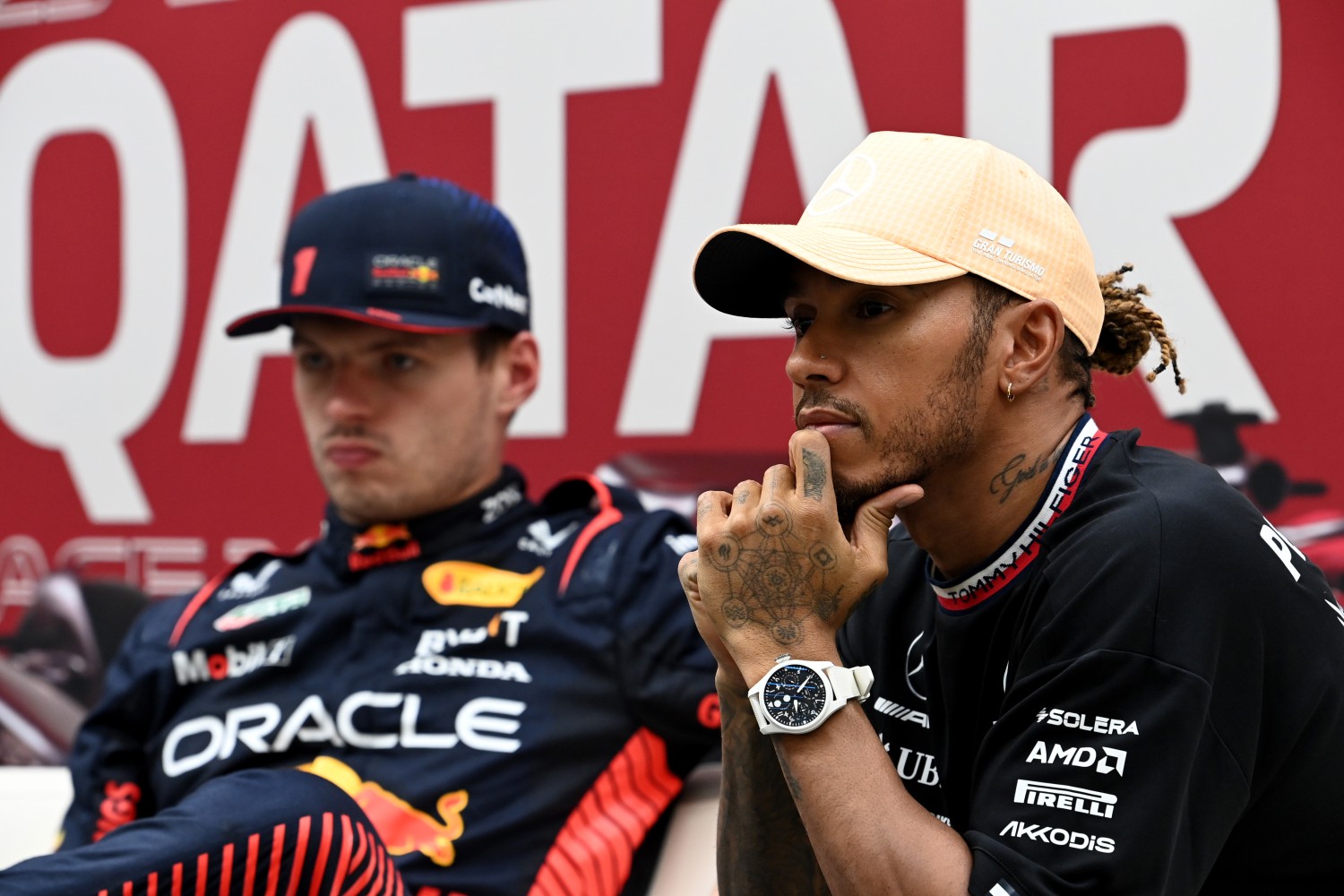 2023 Qatar Grand Prix, Friday - Max Verstappen and Lewis Hamilton - LAT Images for Mercedes