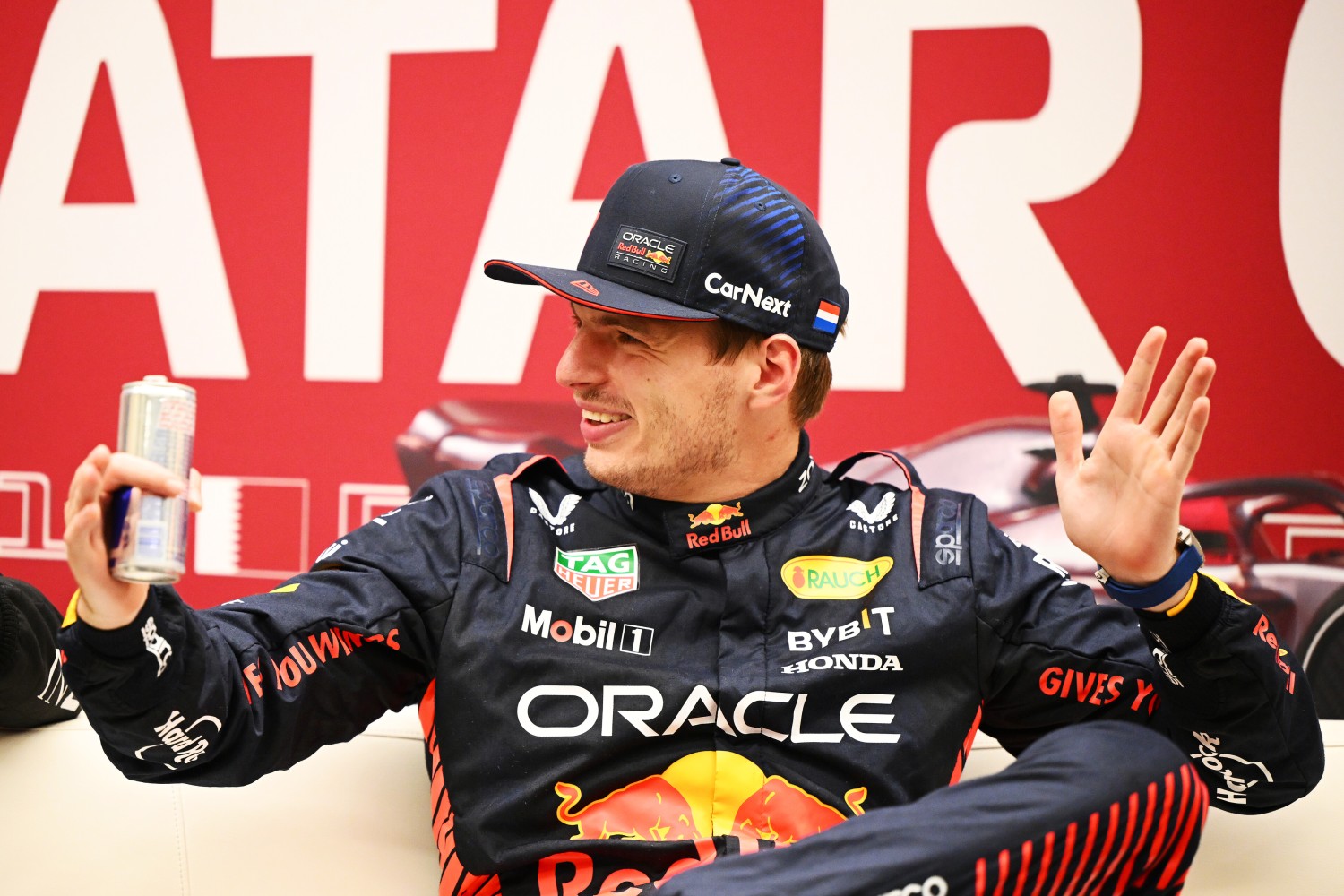 Pole position qualifier Max Verstappen of the Netherlands and Oracle Red Bull Racing attends the press conference after qualifying ahead of the F1 Grand Prix of Qatar at Lusail International Circuit on October 06, 2023 in Lusail City, Qatar. (Photo by Clive Mason/Getty Images) // Getty Images / Red Bull Content Pool