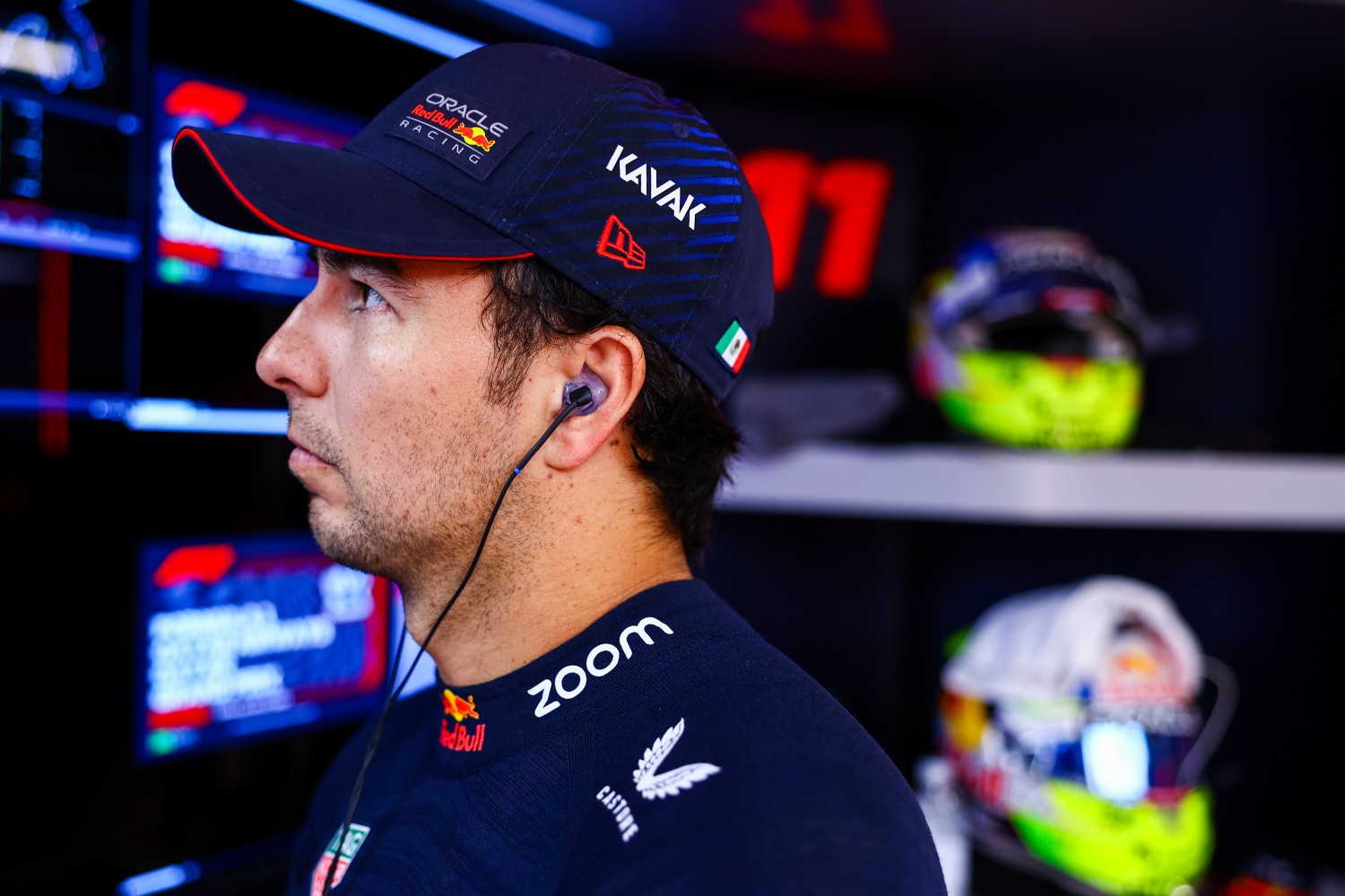 Sergio Perez of Mexico and Oracle Red Bull Racing prepares to drive in the garage during practice ahead of the F1 Grand Prix of Qatar at Lusail International Circuit on October 06, 2023 in Lusail City, Qatar. (Photo by Mark Thompson/Getty Images) // Getty Images / Red Bull Content Pool