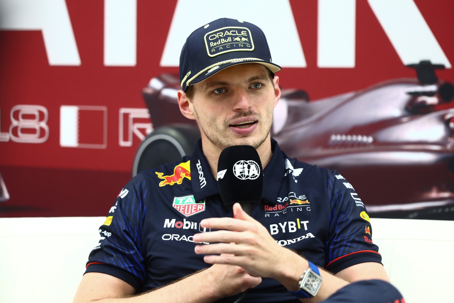 Race winner Max Verstappen of the Netherlands and Oracle Red Bull Racing attends the press conference after the F1 Grand Prix of Qatar at Lusail International Circuit on October 08, 2023 in Lusail City, Qatar. (Photo by Clive Rose/Getty Images) // Getty Images / Red Bull Content Pool