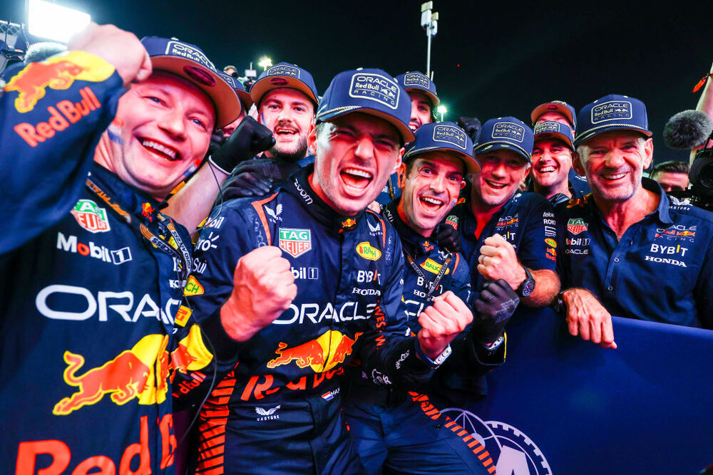 Max Verstappen celebrates his 3rd World Driving Title in a row with his Red Bull crew