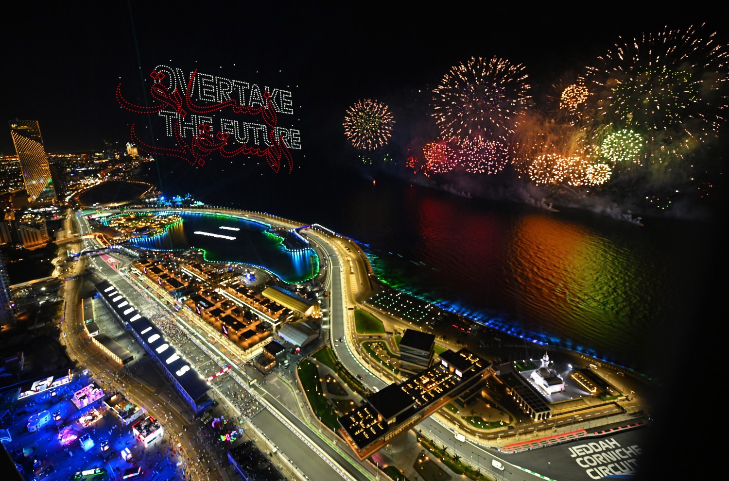 A general view of fireworks at the podium celebrations following the race win of Sergio Perez of Mexico and Oracle Red Bull Racing during the F1 Grand Prix of Saudi Arabia at Jeddah Corniche Circuit on March 19, 2023 in Jeddah, Saudi Arabia. (Photo by Clive Mason/Getty Images) // Getty Images / Red Bull Content Pool 