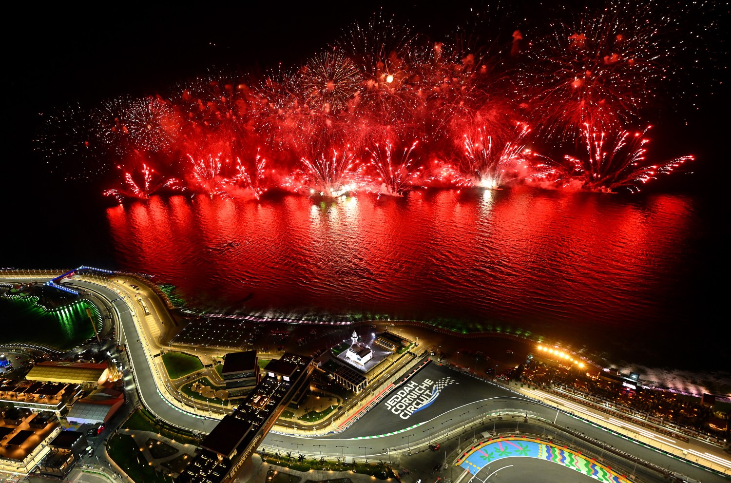 A general view of fireworks at the podium celebrations following the race win of Sergio Perez of Mexico and Oracle Red Bull Racing during the F1 Grand Prix of Saudi Arabia at Jeddah Corniche Circuit on March 19, 2023 in Jeddah, Saudi Arabia. (Photo by Clive Mason/Getty Images) // Getty Images / Red Bull Content Pool