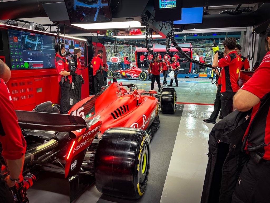 Charles Leclerc gets ready to exit the Ferrari garage