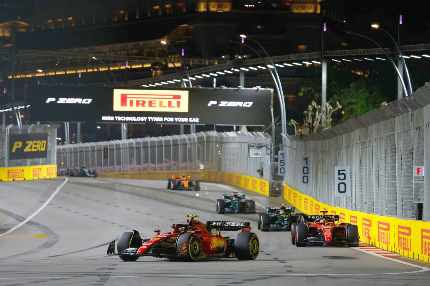 Carlos Sainz Jr. leads Charles Leclerc and the two Mercedes early