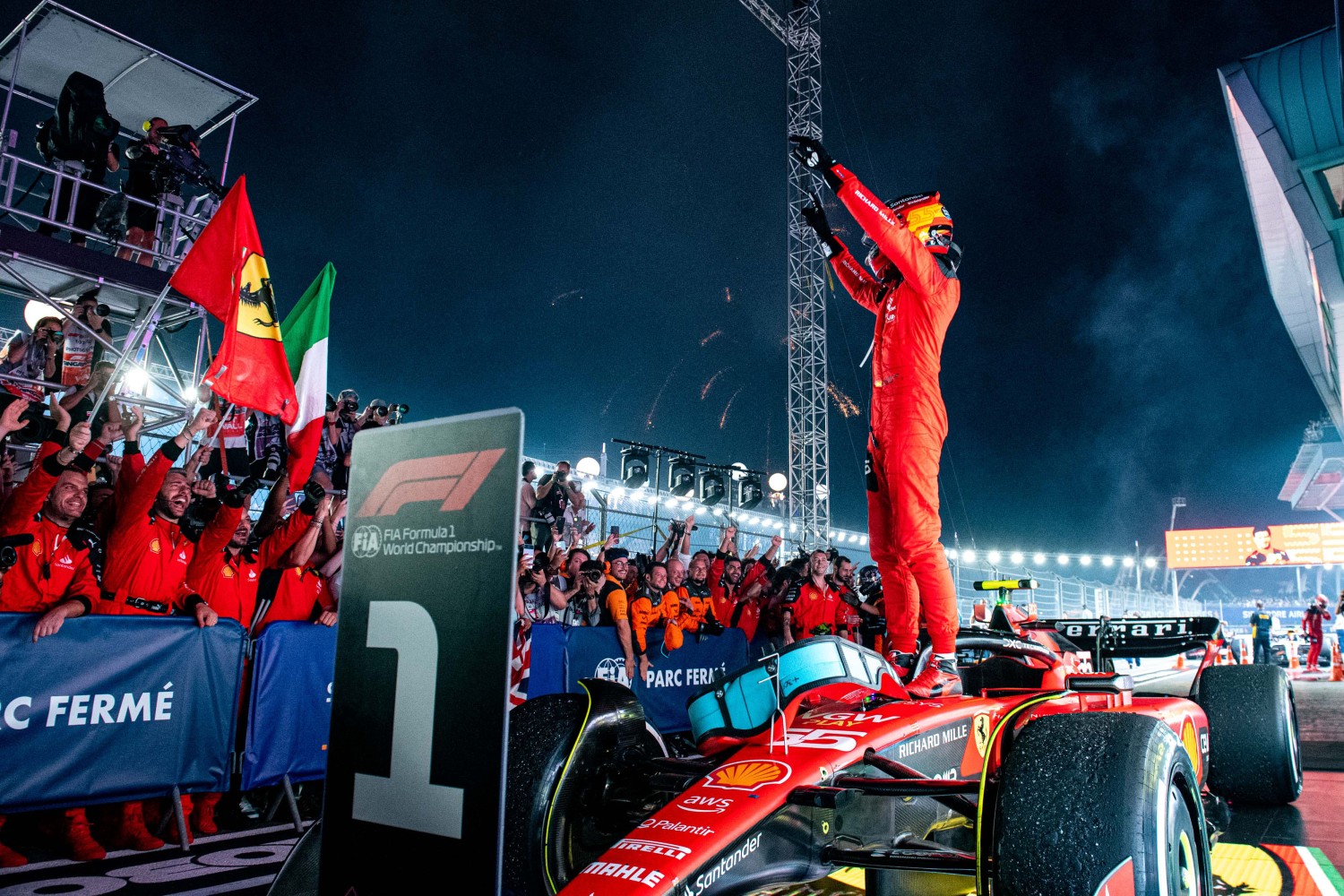 Carlos Sainz Jr celebrates the win credit: @Scuderia Ferrari Press Office